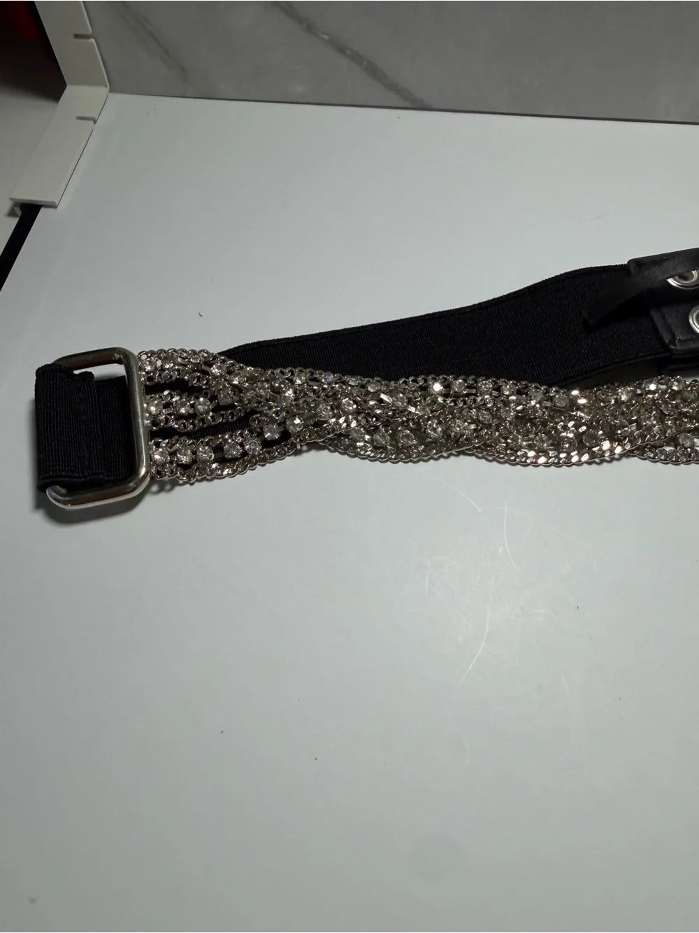 Express black elastic waist belt sparkling silver tone rhinestone beaded